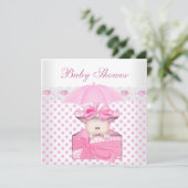 かわいい赤ちゃんシャワーガールベビーホワイトピンク水玉模様 招待状 (スタンド正面)