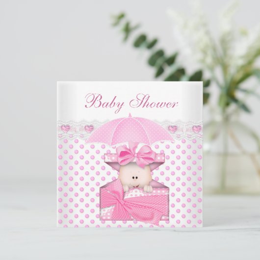 かわいい赤ちゃんシャワーガールベビーホワイトピンク水玉模様 招待状 (スタンド正面)