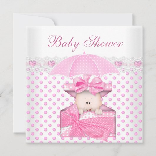かわいい赤ちゃんシャワーガールベビーホワイトピンク水玉模様 招待状 (正面)