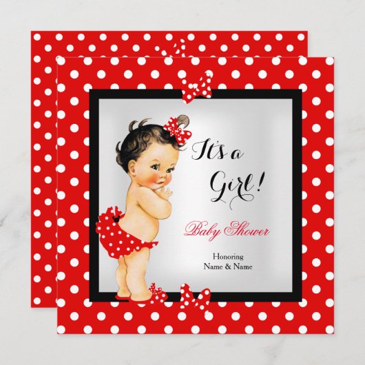 かわいい赤ちゃんシャワーガールレッドブラックブルネット 招待状 (正面/裏面)