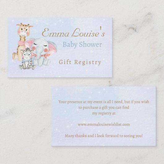 かわいい赤ちゃんシャワーサファリ動物ブルーギフトレジストリ エンクロージャーカード (正面/裏面)