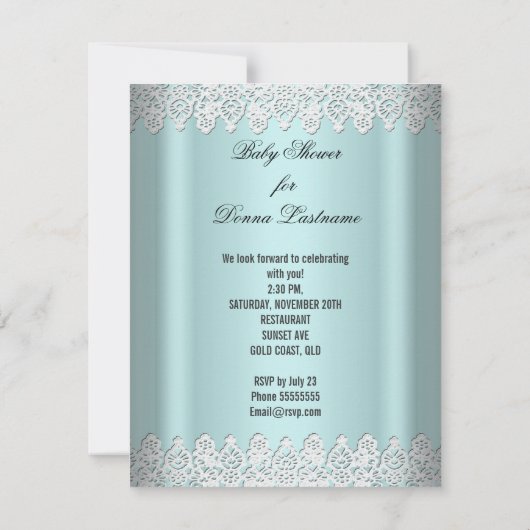 かわいい赤ちゃんシャワーティール（緑がかった色）男の子または女の子 招待状 (裏面)