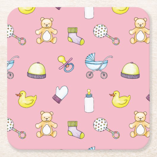 かわいい赤ちゃんシャワーパターン スクエアペーパーコースター (正面)