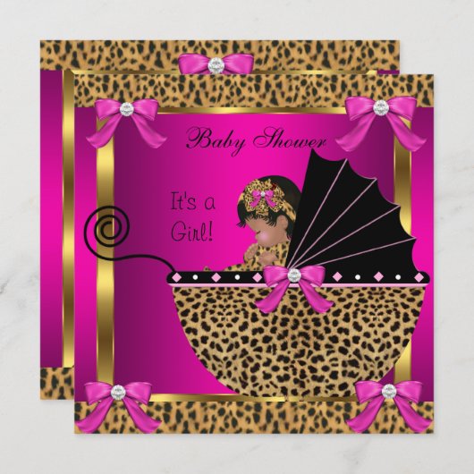 かわいい赤ちゃんシャワーベビーガールヒョウのピンク金ゴールド 招待状 (正面/裏面)