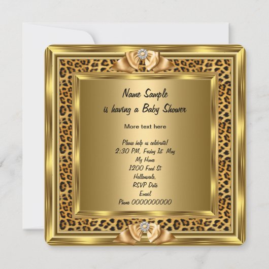 かわいい赤ちゃんシャワーベビーガールヒョウ金ゴールドフレーム 招待状 (裏面)