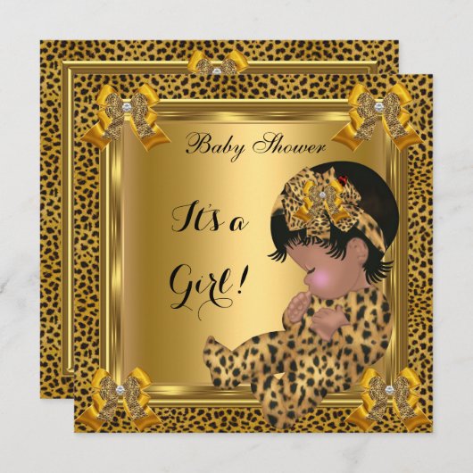 かわいい赤ちゃんシャワーベビーガールヒョウ金ゴールド 招待状 (正面/裏面)