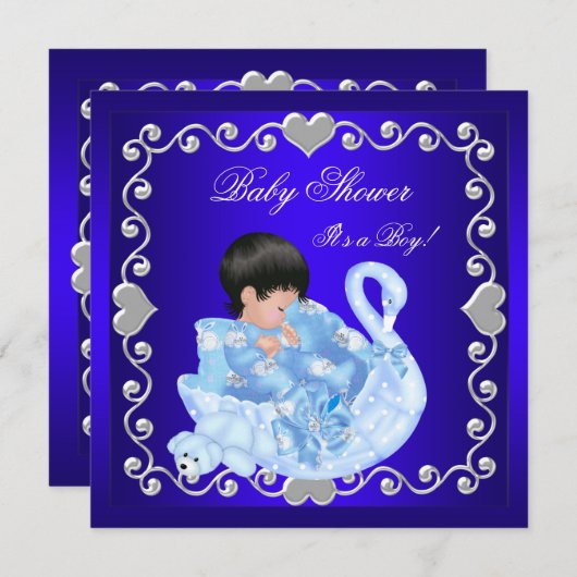 かわいい赤ちゃんシャワーボーイベビー王室のブルースワン 招待状 (正面/裏面)