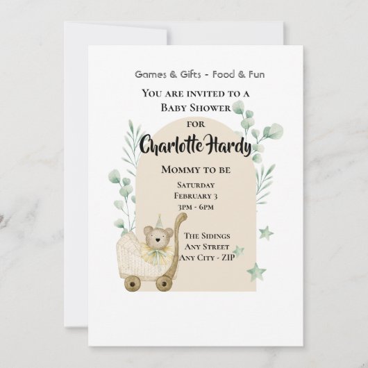 かわいい赤ちゃんシャワーマウスとPram 招待状 (正面)