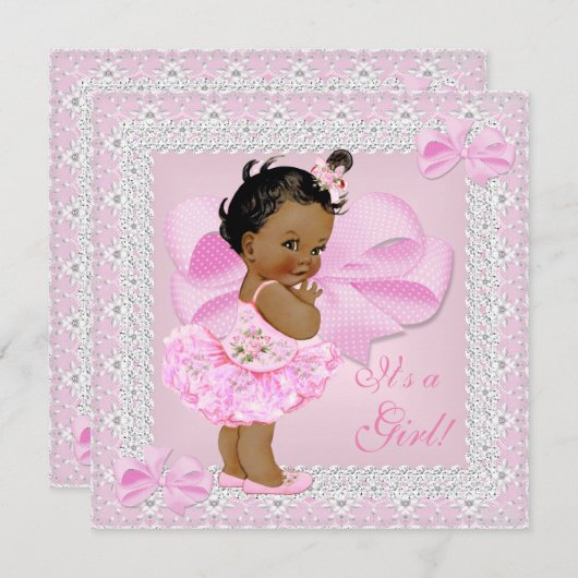 かわいい赤ちゃんシャワー女かわいらしの子ピンクツチュエスニック 招待状 (正面/裏面)