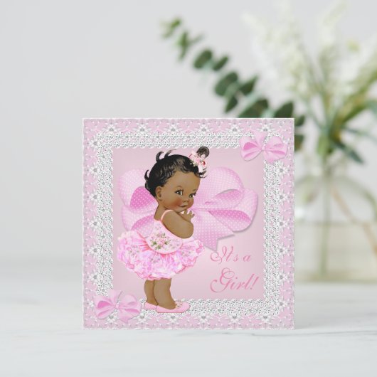 かわいい赤ちゃんシャワー女かわいらしの子ピンクツチュエスニック 招待状 (スタンド正面)
