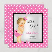 かわいい赤ちゃんシャワー女かわいらし子ピンクブラックブロンド 招待状 (正面/裏面)