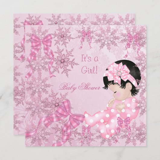 かわいい赤ちゃんシャワー女の子かわいらしピンクの雪の結晶バラ 招待状 (正面/裏面)