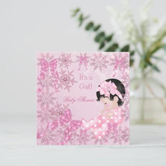 かわいい赤ちゃんシャワー女の子かわいらしピンクの雪の結晶バラ 招待状 (スタンド正面)