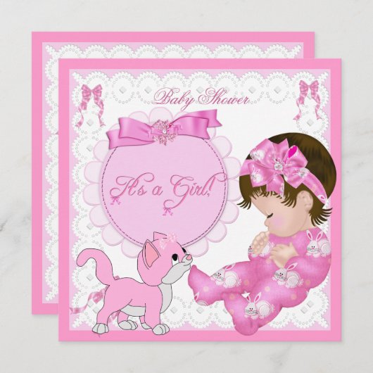 かわいい赤ちゃんシャワー女の子キッテンピンクホワイト 招待状 (正面/裏面)
