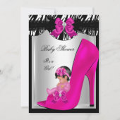 かわいい赤ちゃんシャワー女の子ゼブラホットピンクベビー靴 招待状 (正面)