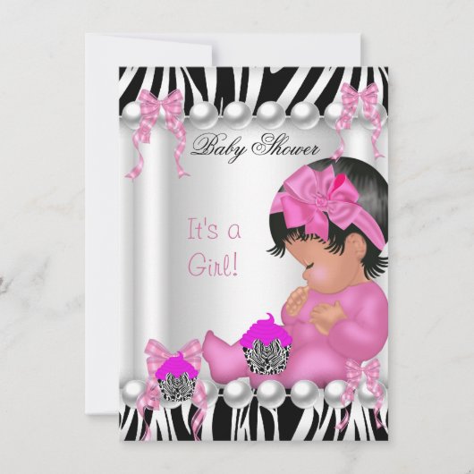 かわいい赤ちゃんシャワー女の子ピンクのゼブラカップケーキ 招待状 (正面)