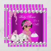 かわいい赤ちゃんシャワー女の子ピンクストライプのカップケーキ 招待状 (正面/裏面)