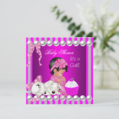 かわいい赤ちゃんシャワー女の子ピンクストライプのカップケーキ 招待状 (スタンド正面)