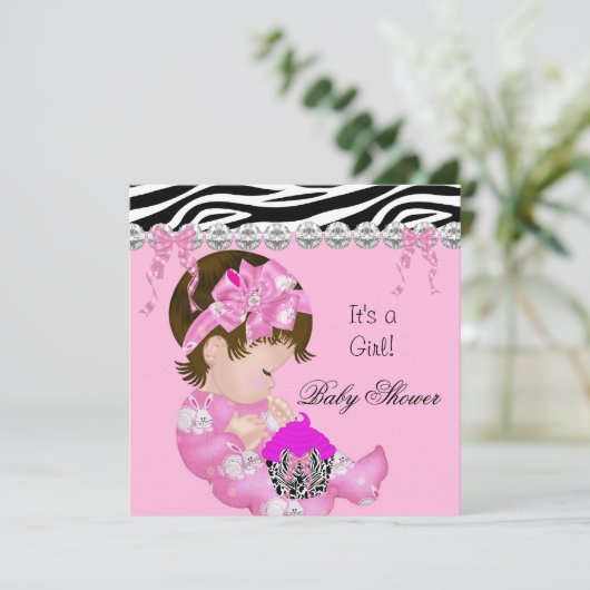 かわいい赤ちゃんシャワー女の子ピンクゼブラカップケーキ3 招待状 (スタンド正面)