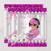 かわいい赤ちゃんシャワー女の子ピンクヒョウのカップケーキ 招待状 (正面/裏面)