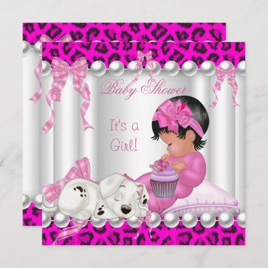 かわいい赤ちゃんシャワー女の子ピンクヒョウのカップケーキ 招待状 (正面/裏面)