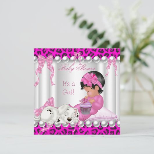 かわいい赤ちゃんシャワー女の子ピンクヒョウのカップケーキ 招待状 (スタンド正面)