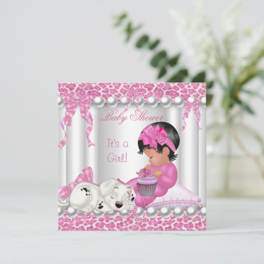 かわいい赤ちゃんシャワー女の子ピンクヒョウのカップケーキ 招待状 (スタンド正面)