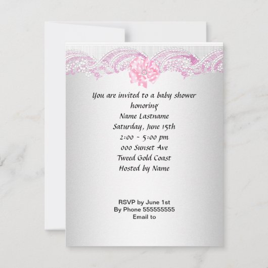 かわいい赤ちゃんシャワー女の子ピンクベビーシューレース 招待状 (裏面)