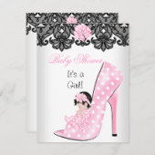 かわいい赤ちゃんシャワー女の子ピンクベビーシューレース 招待状 (正面/裏面)