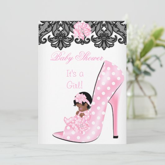 かわいい赤ちゃんシャワー女の子ピンクベビーシューレースAM 招待状 (スタンド正面)