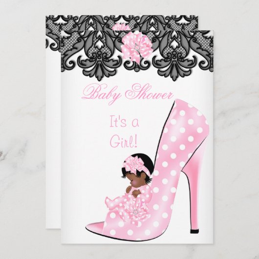 かわいい赤ちゃんシャワー女の子ピンクベビーシューレースAM 招待状 (正面/裏面)