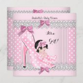 かわいい赤ちゃんシャワー女の子ピンク水玉模様ハイヒール2 招待状 (正面/裏面)