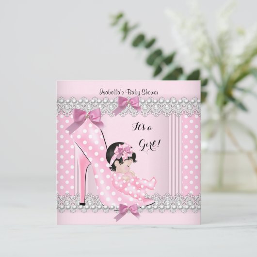 かわいい赤ちゃんシャワー女の子ピンク水玉模様ハイヒール2 招待状 (スタンド正面)