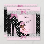 かわいい赤ちゃんシャワー女の子ピンク水玉模様ハイヒール6 招待状 (正面/裏面)