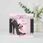 かわいい赤ちゃんシャワー女の子ピンク水玉模様ハイヒール6 招待状 (スタンド正面)