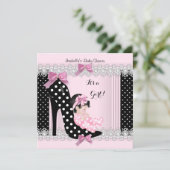 かわいい赤ちゃんシャワー女の子ピンク水玉模様ハイヒール6a 招待状 (スタンド正面)