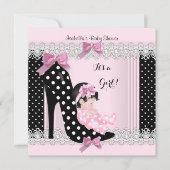 かわいい赤ちゃんシャワー女の子ピンク水玉模様ハイヒール6a 招待状 (正面)