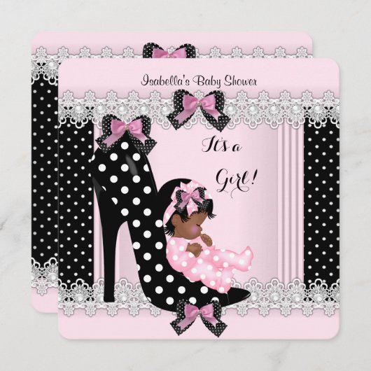 かわいい赤ちゃんシャワー女の子ピンク水玉模様ハイヒール7 招待状 (正面/裏面)