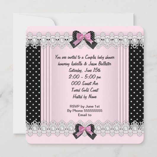 かわいい赤ちゃんシャワー女の子ピンク水玉模様ハイヒール7 招待状 (裏面)