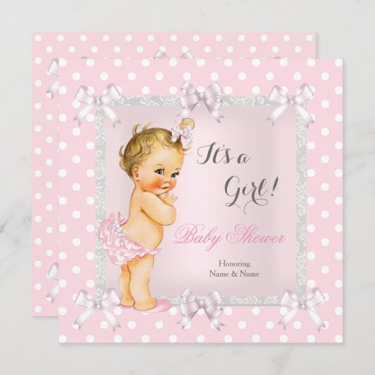 かわいい赤ちゃんシャワー女の子ピンク灰色ブロンド 招待状 (正面/裏面)