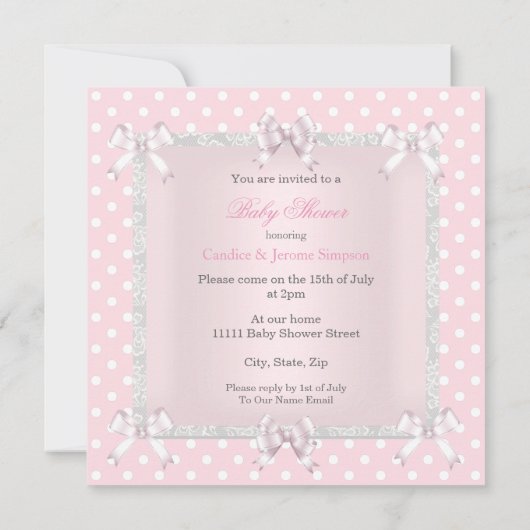 かわいい赤ちゃんシャワー女の子ピンク灰色ブロンド 招待状 (裏面)