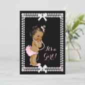 かわいい赤ちゃんシャワー女の子ピンク真珠ブラックエスニック 招待状 (スタンド正面)