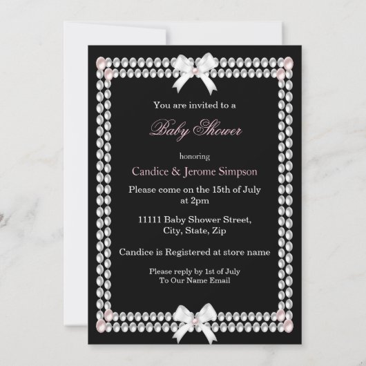 かわいい赤ちゃんシャワー女の子ピンク真珠ブラックエスニック 招待状 (裏面)
