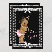 かわいい赤ちゃんシャワー女の子ピンク真珠ブラックエスニック 招待状 (正面/裏面)