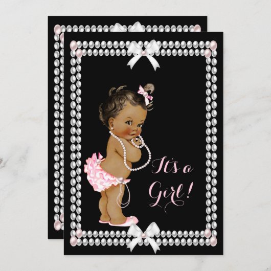 かわいい赤ちゃんシャワー女の子ピンク真珠ブラックエスニック 招待状 (正面/裏面)