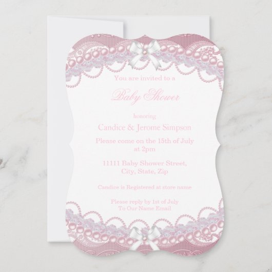 かわいい赤ちゃんシャワー女の子ピンク真珠レースブロンド 招待状 (裏面)