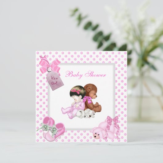かわいい赤ちゃんシャワー女の子ベビーピンクシューズホワイト 招待状 (スタンド正面)
