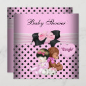 かわいい赤ちゃんシャワー女の子ベビーピンクブラック水玉模様 招待状 (正面/裏面)
