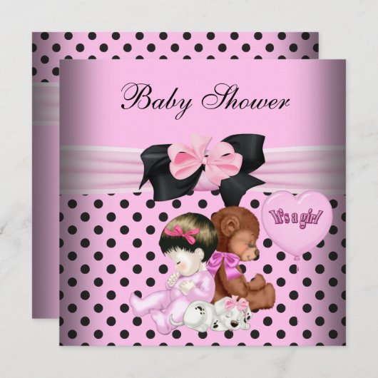 かわいい赤ちゃんシャワー女の子ベビーピンクブラック水玉模様 招待状 (正面/裏面)