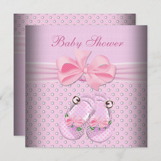 かわいい赤ちゃんシャワー女の子ベビーピンクブーティーシューズ 招待状 (正面/裏面)